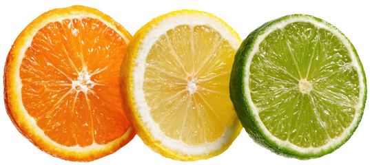 Obraz premium Three vibrant citrus fruit slices orange, lemon, and lime
