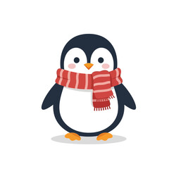 Obraz premium Adorable cartoon penguin character bundled up in a cozy red and white striped scarf, standing happily. Perfect for winter themes and holiday designs