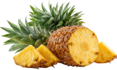 Ripe whole and sliced pineapple with green leaves