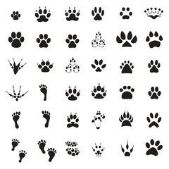 Comprehensive vector collection of animal paw prints, human footprints, and various stylized creature tracks and imprints for diverse design