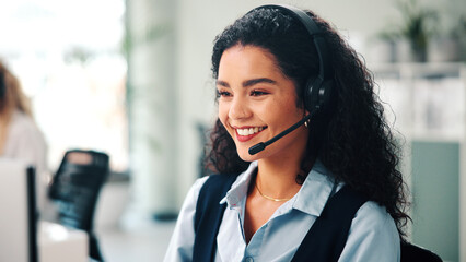 Call center, headset and woman with smile, consultation and help desk with system solution. Happy...