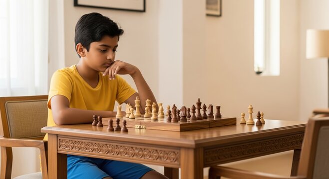 Young Indian boy deeply focused on a strategic chess game