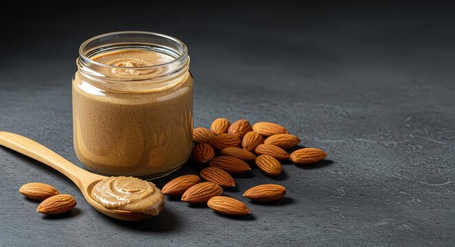 Creamy, natural almond butter displayed in a glass jar alongside fresh almonds and a wooden spoon, highlighting healthy eating options ,close up ,roasted ,fiber