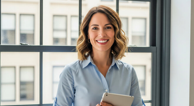 Confident businesswoman smiling while holding tablet by office window light - Powered by Adobe