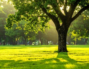 Large tree with lush green foliage, bathed in warm sunlight
