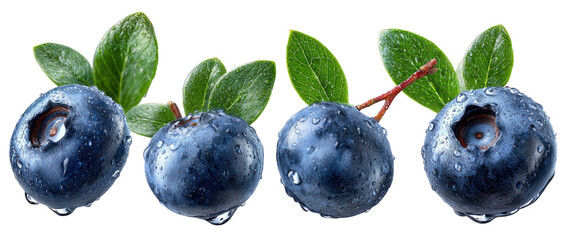 Four glistening blueberries with water droplets and green leaves