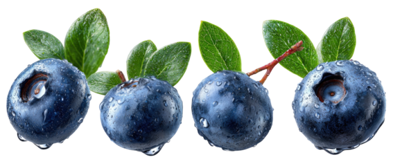 Four glistening blueberries with water droplets and green leaves