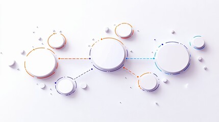 An abstract graphic design featuring a network of interconnected white circles and dots, with dashed lines in orange and blue connecting them against a clean wh