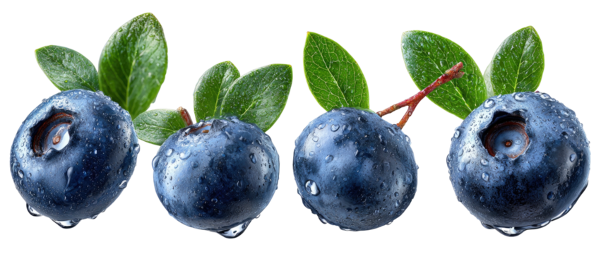Four glistening blueberries with water droplets and green leaves - Powered by Adobe