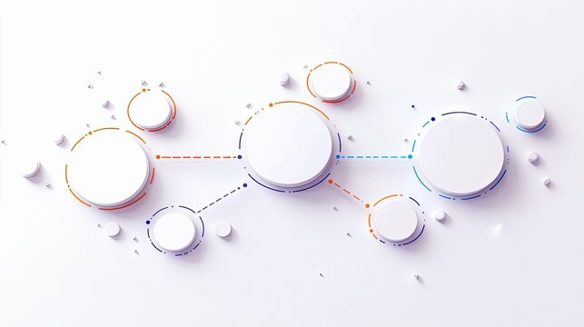 An abstract graphic design featuring a network of interconnected white circles and dots, with dashed lines in orange and blue connecting them against a clean wh - Powered by Adobe