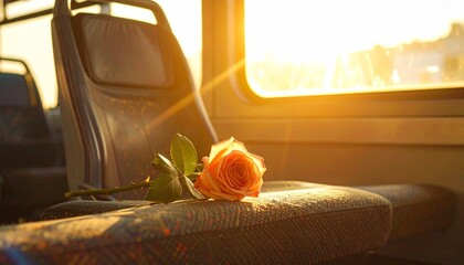 Warm, golden sunlight streams through the window of a quiet bus, casting a soft glow on a single orange rose resting on an empty seat, a symbol of transition