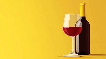 Elegant red wine bottle and glass on a vibrant yellow background
