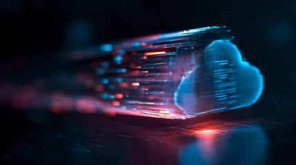 Futuristic IT visual depicting digital data flowing into the cloud