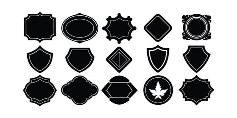 Fifteen black silhouette decorative frames badges shields and a maple leaf on white background