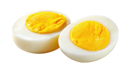 Two halves of a cooked egg with bright yellow yolks