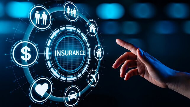 Digital insurance interface with icons showing coverage and protection options
