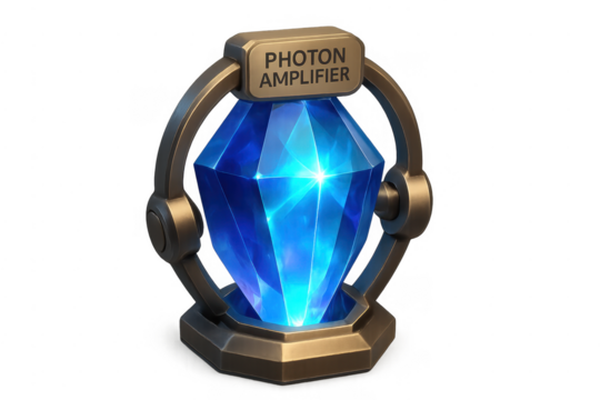 Photon amplifier glowing blue crystal futuristic energy device
