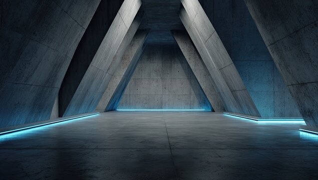 A modern concrete space, lit by blue neon, with angled walls and a triangular void