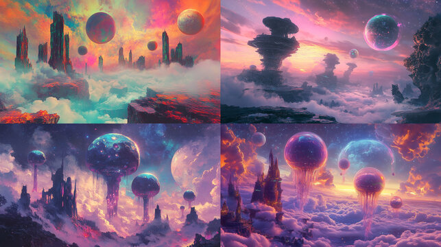 Dreamy alien landscapes with floating planets and futuristic architecture showcase wonder