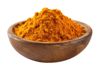Wooden bowl filled with vibrant orange spice powder