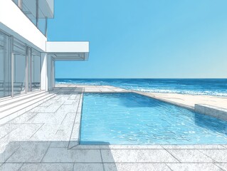 A modern white building overlooks a tranquil pool and ocean under a clear blue sky