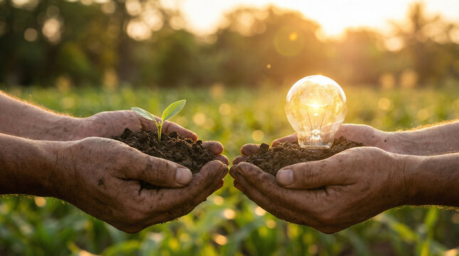 Hands cradle a vibrant green seedling and a glowing light bulb, symbolizing sustainable growth, environmental innovation, and the future of green energy