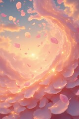 Pink flower petals drift through glowing clouds against a soft sunset sky background