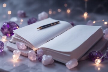 Open lined journal with black and gold pen surrounded by glowing amethyst and rose quartz crystals