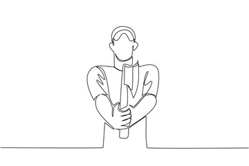 Continuous line drawing of a man holding an axe upright in a centered stance, sports concept for international event, International Axe Throwing Day. Poster of lumberjack team or competition event