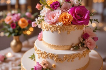 Two tiered white wedding cake decorated with colorful flowers and ornate gold scrollwork