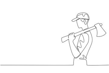 One line drawing of a man carrying an axe on his shoulder, sports concept for international event, International Axe Throwing Day promoting leagues, training, safety, and community participation.