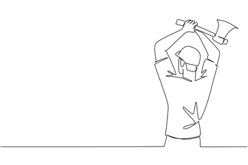 Continuous line drawing of a man extending both arms ready to release an axe, sports concept for international event, International Axe Throwing Day. Aiming an axe at a round wooden target.