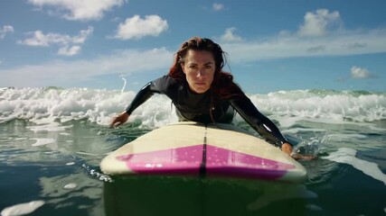 A woman wearing a wetsuit is paddling on a surfboard in the ocean. She is facing forward, looking at the camera, with a wave breaking in the background.