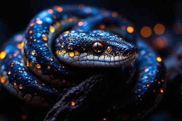 Close up of a dark coiled serpent with glowing orange and blue iridescent scales and eyes