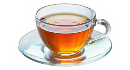 A clear glass cup filled with hot black tea, resting on a matching saucer, isolated on transparent background