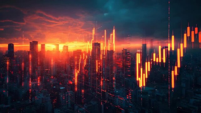 Futuristic city skyline at sunset with glowing red financial data charts overlay, stock market growth, trading analytics, urban economy, innovation, digital finance and global business technology - Powered by Adobe