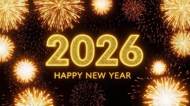 Golden 2026 Happy New Year Fireworks Celebration Countdown Festive Sparkle Explosion Celebration
