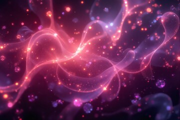 Glowing pink and purple light forms swirl amidst scattered sparkling dust particles