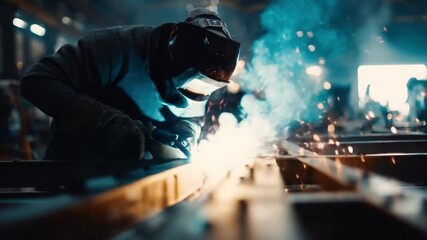 A skilled welder works with precision in a busy workshop, using heat to fuse metal pieces together. Sparks fly as the process highlights the importance of safety and craftsmanship