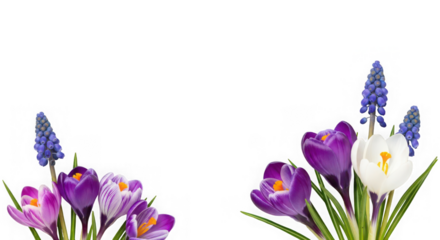 Vibrant purple, white, and striped crocuses with blue grape hyacinths blooming, isolated on transparent background