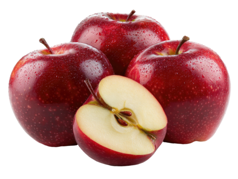 Four shiny red apples, one sliced in half, on black background