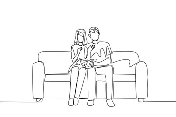 Continuous line drawing of a couple sitting close together on a sofa from front view, facing a TV, sharing a bowl of popcorn and watching a movie. Commemorate National Movie Night
