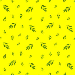 Seamless pattern of olive branches on yellow background. Perfect for wallpaper, gift wrap, pattern fill, web page background, summer greeting cards