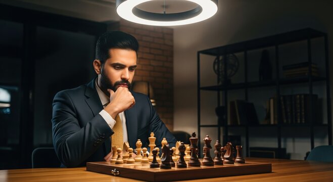 Focused Man Playing Chess in a Dark Room