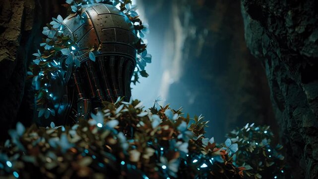 Enigmatic ancient mechanism reclaimed by vibrant bioluminescent flora within a shadowy cavern, depicting a captivating fusion of advanced technology and raw nature in an otherworldly landscape