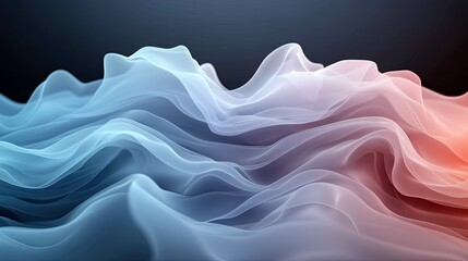 Abstract flowing waves of translucent smoke or fabric, transitioning from cool blue tones on the left to warm orange tones on the right, set against a dark, gra