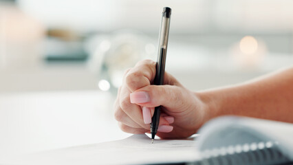 Woman, hand and sign document in office with insurance agreement, terms and conditions for compliance. Bokeh, person or writing in workplace with contract signature, financial service policy or plan.