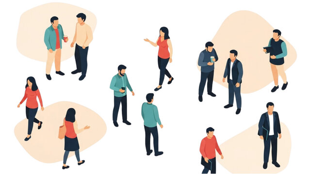 Isometric illustration of diverse people interacting in a community setting, representing social connections and networking in a modern flat design
