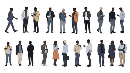 Diverse group of men and women in casual business attire standing and walking