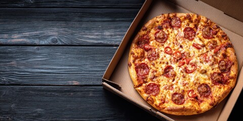 A pepperoni pizza in a cardboard box sits on a dark wooden surface
